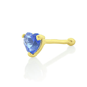 14K Yellow Gold Tiny Blue Cz Heart Nose Ring