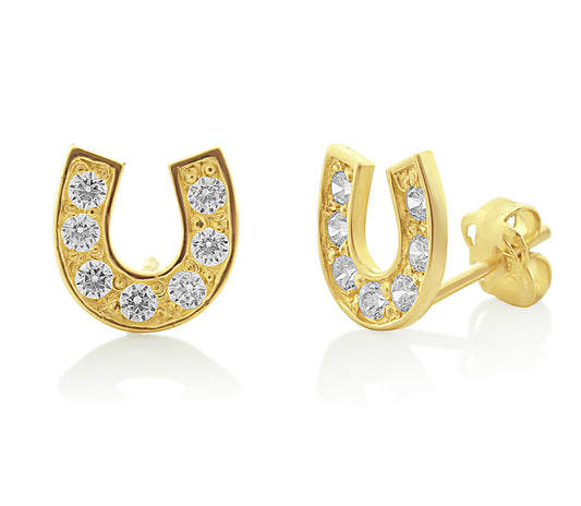 14K Yellow Gold Cz Small Lucky Horseshoe Stud Earrings - 0.28 in