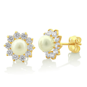 14K Yellow Gold Cz Small Pearl Stud Earrings - 0.30 in