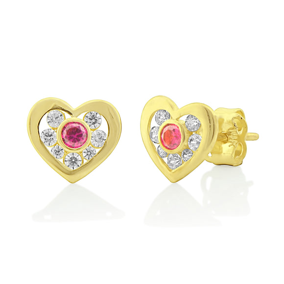 14K Yellow Gold Red Cz Small Heart Stud Earrings - 0.25 in