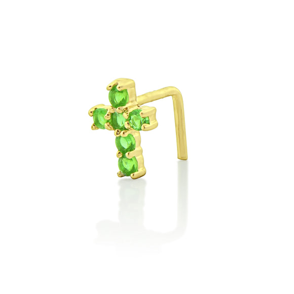 14K Yellow Gold Green CZ Tiny Cross Nose Ring - 0.23in