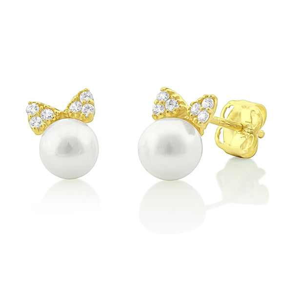 14K Yellow Gold Freshwater Pearl & Cz Bow Stud Earrings - 0.27 in