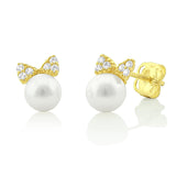 14K Yellow Gold Freshwater Pearl & Cz Bow Stud Earrings - 0.27 in