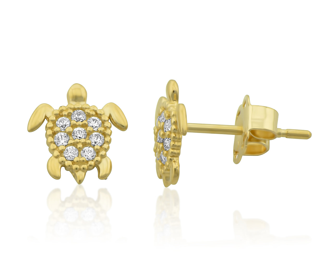 14K Yellow Gold Cz Small Sea Turtle Stud Earrings - 7mm