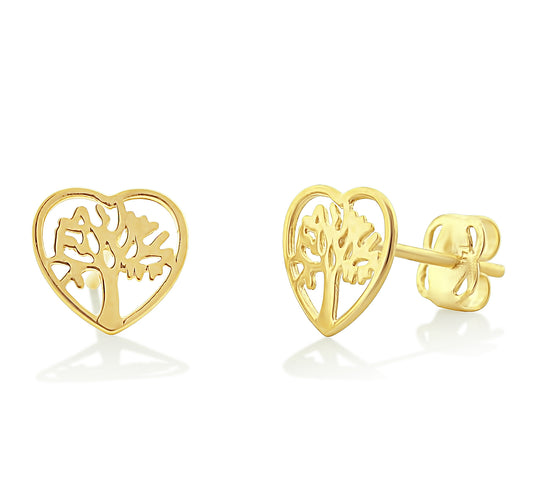 14K Yellow Gold Small Celtic Tree of Life Heart Stud Earrings - 0.25in