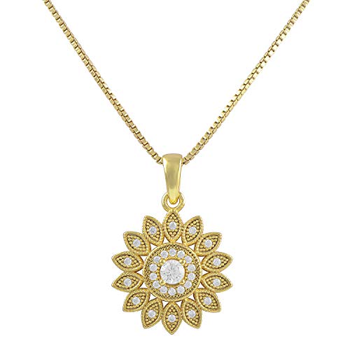 Yellow Gold Tone Sterling Silver Cz Sunflower Charm Necklace 18