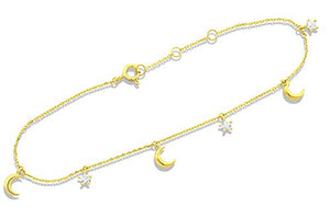 Sold 14K Yellow Gold CZ Small Moon & Star Charm Bracelet - 8in