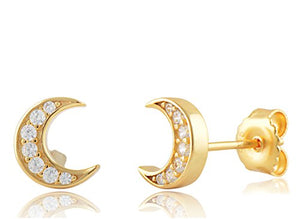 Yellow Gold Tone Sterling Silver Cz Crescent Moon Stud Earrings