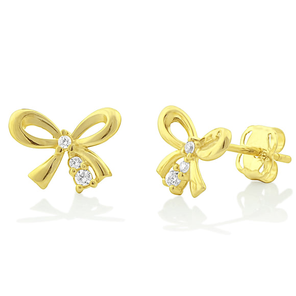 14K Yellow Gold CZ Small Bow Stud Earrings - 0.35in