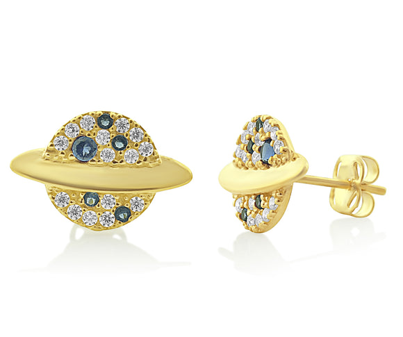 14K Yellow Gold Cz Small Planet Stud Earrings - 0.47in