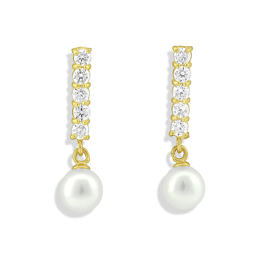 Sold 14K Yellow Gold Dangle Cz Pearl Fishhook Earrings - 0.60 in