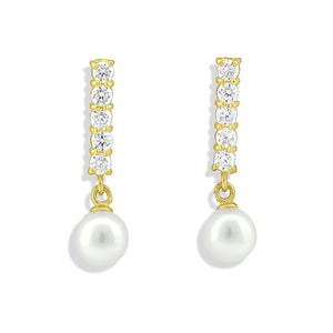 Sold 14K Yellow Gold Dangle Cz Pearl Fishhook Earrings - 0.60 in