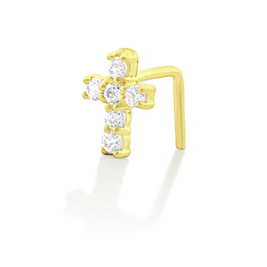 14K Yellow Gold Cz Tiny Cross Nose Ring - 0.23in