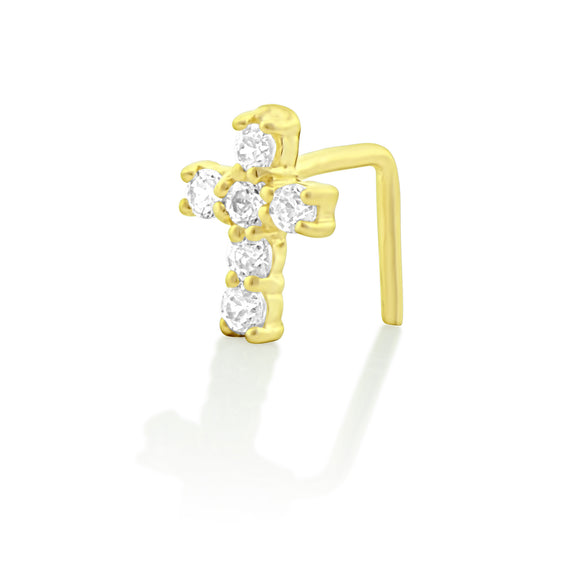 14K Yellow Gold Cz Tiny Cross Nose Ring - 0.23in