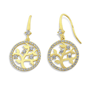14K Yellow Gold CZ Celtic Tree of Life Dangle Earrings - 0.48in