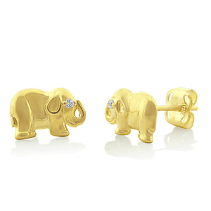 14K Yellow Gold Cz Small Elephant Stud Earrings - 0.30in