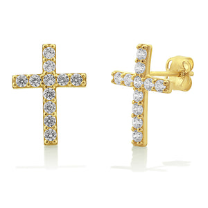 14K Yellow Gold Cz Tiny Cross Stud Earrings - 0.47in