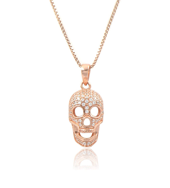 Rose Gold Tone Sterling Silver Cz Skull Charm Necklace 18