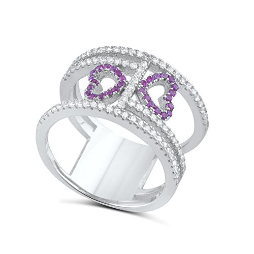 Sterling Silver Cz Double Heart Statement Ring - Size 5