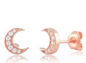 Rose Gold Tone Sterling Silver Cz Crescent Moon Stud Earrings