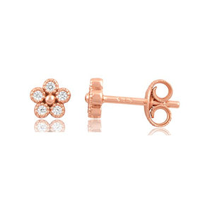 Rose Gold Tone Sterling Silver Cz Tiny Flower Stud Earrings