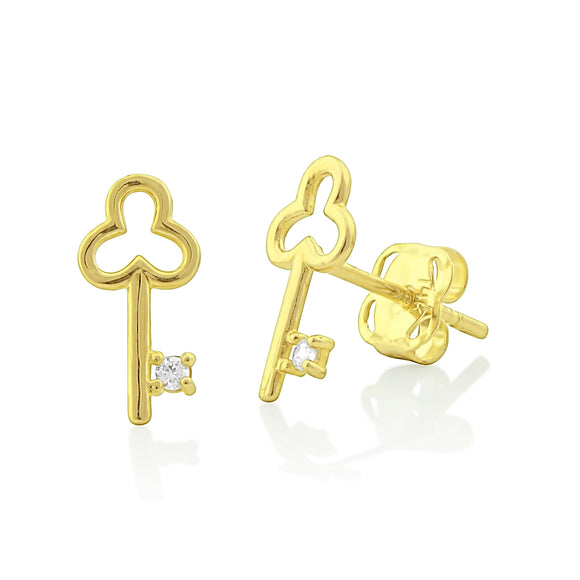 14K Yellow Gold Cz Small Clover Key Stud Earrings - 0.35 in
