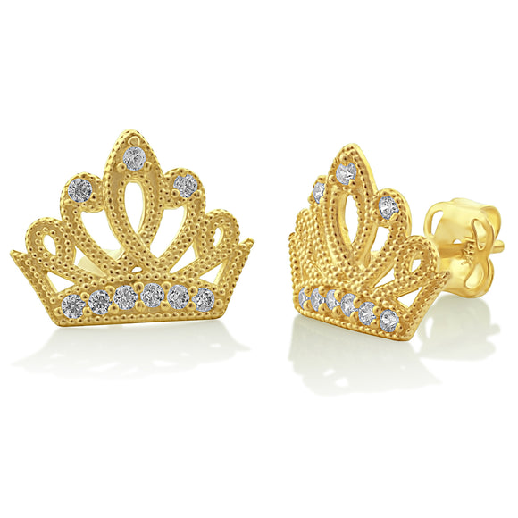 14K Yellow Gold Cz Small Crown Stud Earrings - 0.40in