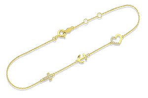 Sold 14K Yellow Gold CZ Small Cross Heart & Anchor Charm Bracelet - 8in