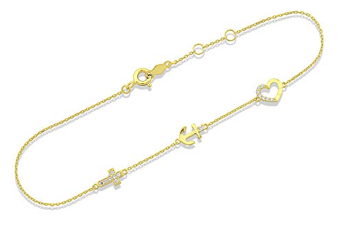Sold 14K Yellow Gold CZ Small Cross Heart & Anchor Charm Bracelet - 8in