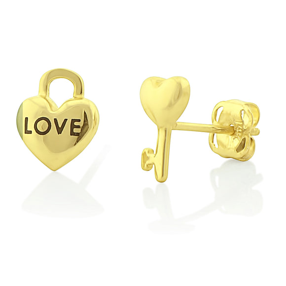 14K Yellow Gold Small Key to my Heart Stud Earrings - 0.29in