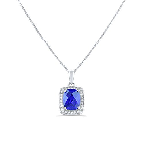 Sterling Silver Square Simulated Blue Sapphire Necklace 18