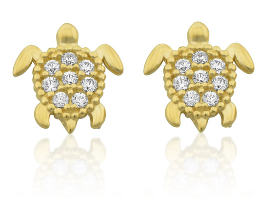 14K Yellow Gold Cz Small Sea Turtle Stud Earrings - 7mm