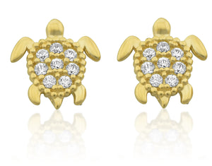 14K Yellow Gold Cz Small Sea Turtle Stud Earrings - 7mm