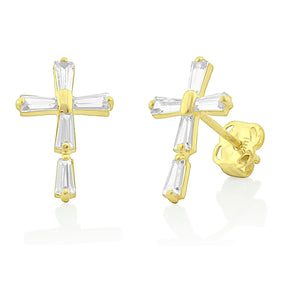 Solid 14K Yellow Gold Small Cz Cross Stud Earrings - 0.47in