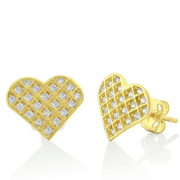 14K Yellow Gold Cz Pave Heart Stud Earrings - 0.39in