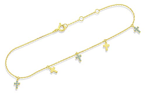 Sold 14K Yellow Gold CZ Small Simulated Turquoise Cross Charm Bracelet - 8in