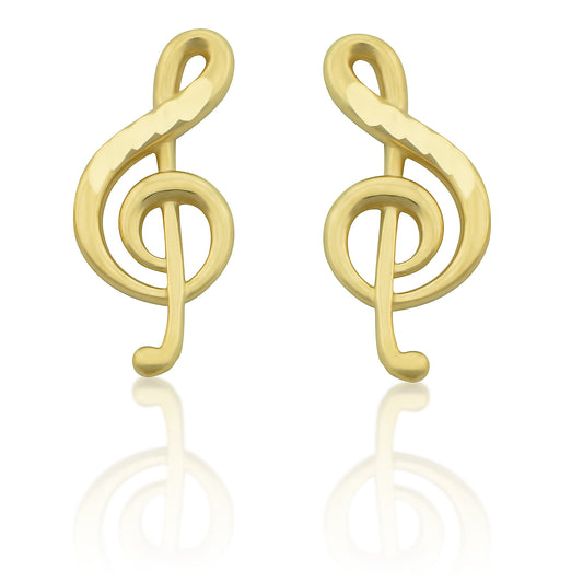 14K Yellow Gold Small Treble Clef Music Note Stud Earrings - 11mm